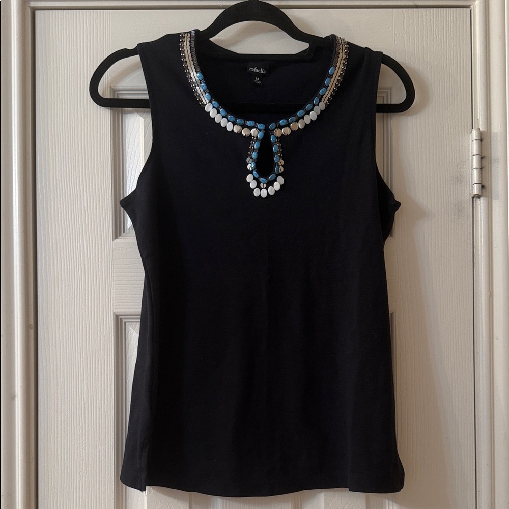 Elegant Black Sleeveless Top with Turquoise Beaded Neckline size m - Picture 1 of 4